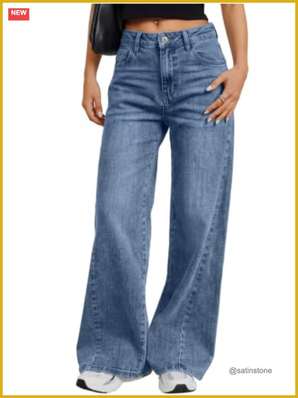 Women's Wide Leg Jeans Stretchy Baggy Denim Mid-Rise Relaxed Fit